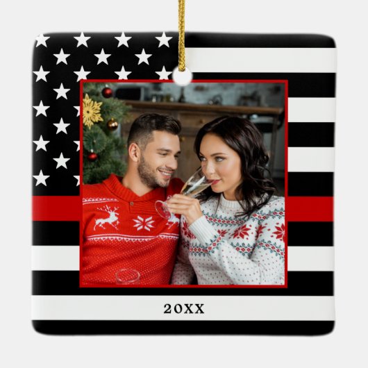 Firefighter Kerstmis Aangepaste foto Thin Red Line Keramisch Ornament (Achterkant)