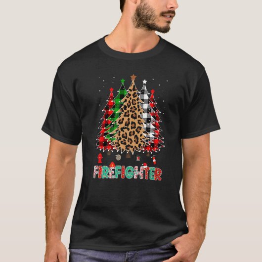 Firefighter Leopard Red White Green Plaid Christma T-shirt (Voorkant)