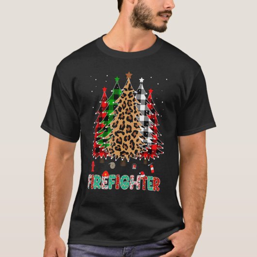 Firefighter Leopard Red White Green Plaid Christma T-shirt (Voorkant)