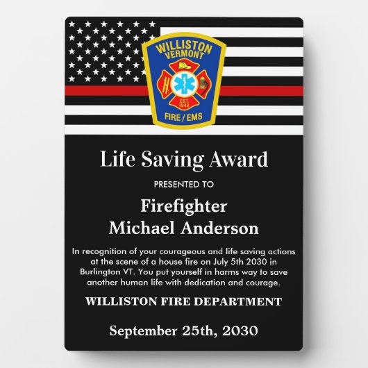 Firefighter Life Saving Award Thin Red Line Fotoplaat (voorkant)