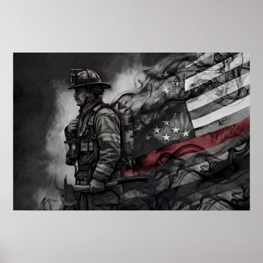 Firefighter Red Line Tribute Smoke American Flag Poster (Voorkant)