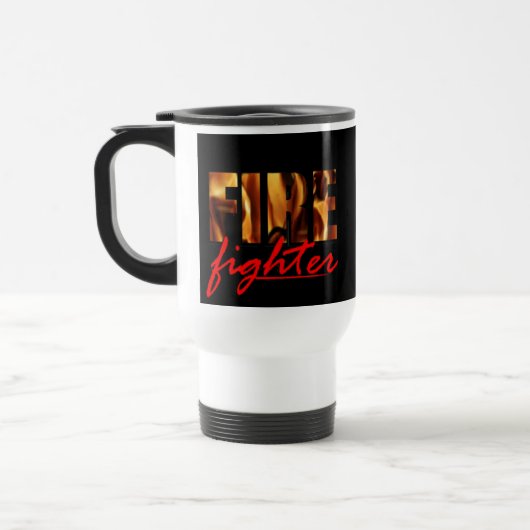 Firefighter reismodebok op zwarte achtergrond reisbeker (Links)
