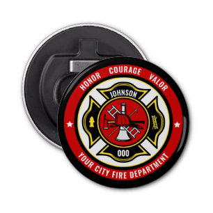 Firefighter Rescue ADD NAME Fire Department Badge Button Flesopener
