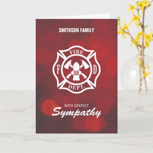 Firefighter Sympathie Embleem op Rode Bokeh Kaart (Gele Bloem)
