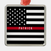 Firefighter Thin Red Line American Flag Monogram Metalen Ornament (Voorkant)