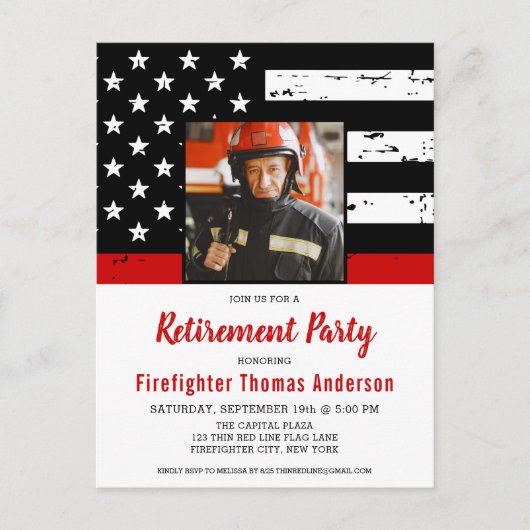 Firefighter Thin Red Line Custom Photo Retirement Uitnodiging Briefkaart (Voorkant)