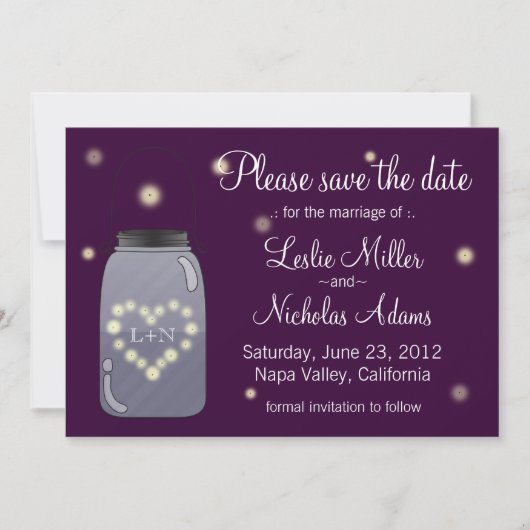 Fireflies in Mason Jar Heart Love Save the Date (Voorkant)