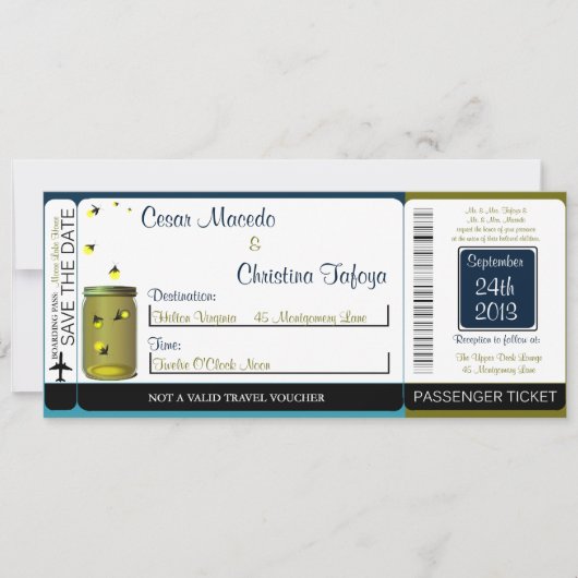 Fireflies/Mason Boarding Pass Uitnodiging voor bru (Voorkant)