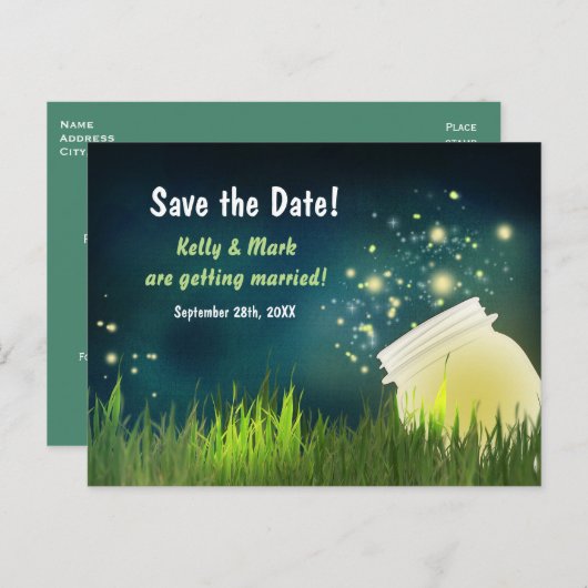Fireflies & Mason Jar Night Save the Date Briefkaa Aankondigingskaart (Voorkant / Achterkant)