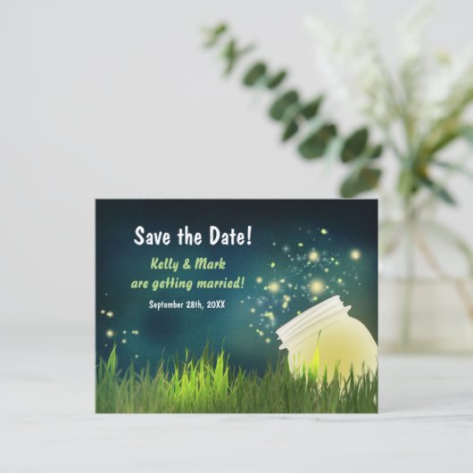 Fireflies & Mason Jar Night Save the Date Briefkaa Aankondigingskaart (Staand voorkant)