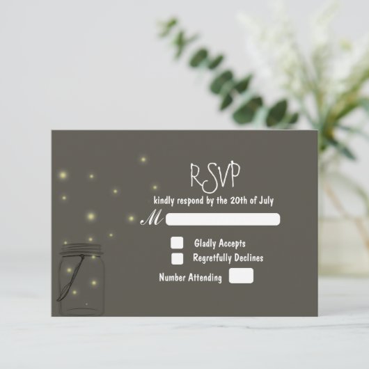 Fireflies Mason Jar Rustic Wedding RSVP-uitnodigin RSVP Kaartje (Staand voorkant)