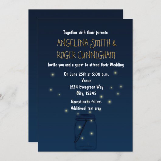 Fireflies Mason Jar Rustiek Blauw bruiloft uitnodi Kaart (Voorkant / Achterkant)