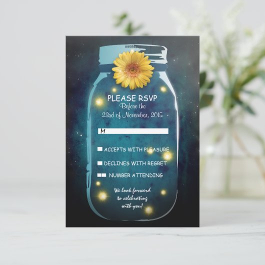 Fireflies & Mason Jar Whimsical Wedding RSVP (Staand voorkant)