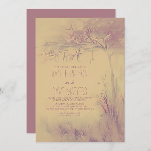Fireflies Mason Jars Rustic Tree Wedding Uitnodigi Kaart (Voorkant / Achterkant)