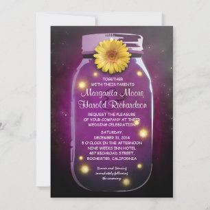 Fireflies & Paarse Mason Jar Whimsical Wedding Kaart