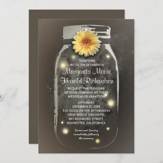 Fireflies & Rustic Mason Jar Whimsical Wedding Kaart (Voorkant / Achterkant)