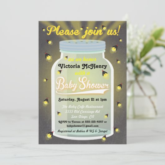 Firefly Chalkboard Mason Jar Baby shower Invites Kaart (Staand voorkant)