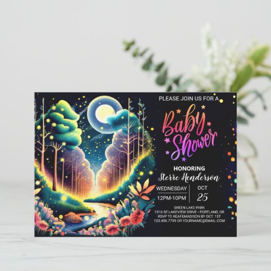 Firefly Fantasy Bossen Baby shower Kaart (Staand voorkant)