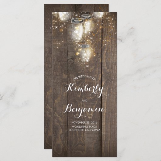 Firefly Lights Mason Jars Rustieke Trouwprogramma' Programmakaart (Voorkant / Achterkant)