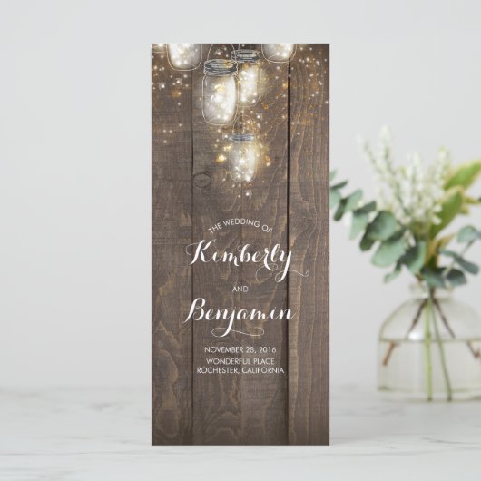 Firefly Lights Mason Jars Rustieke Trouwprogramma' Programmakaart (Staand voorkant)