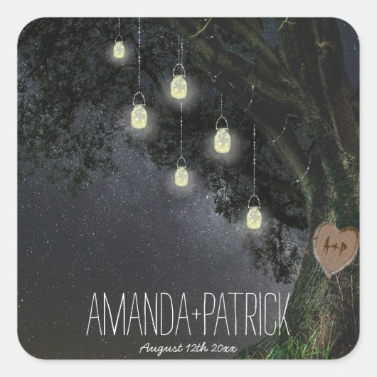 Firefly Mason Jar Oak Tree Bruiloft Gunsten Seals Vierkante Sticker (Voorkant)
