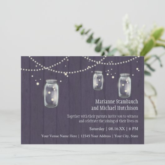Firefly Mason Jar Rustic Country Night Weddings Kaart (Staand voorkant)