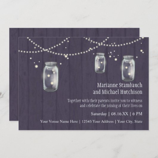 Firefly Mason Jar Rustic Country Night Weddings Kaart (Voorkant / Achterkant)