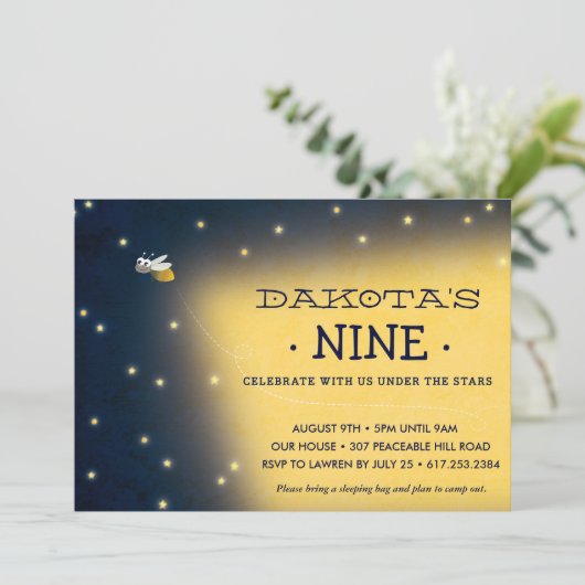 Firefly Sleepover Birthday Invitation, kaart (Staand voorkant)