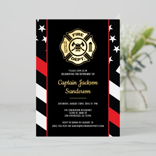 Fireman Fire Department Firefighter Retirement Folie Uitnodiging (Staand Voorkant)
