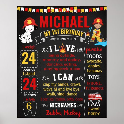 Fireman Fire First Birthday chalboard Poster (Voorkant)