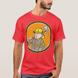Fireman Firefighter Ax Circle Cartoon T-shirt