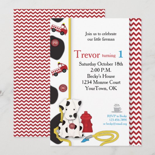 Fireman First Birthday Invitation Kaart (Voorkant / Achterkant)