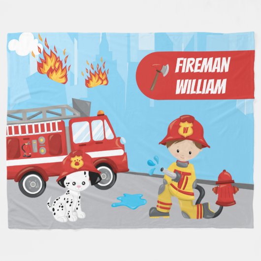 Fireman met voornaam, de Cartoon van Little Boy Fleece Deken (Voorkant (Horizontaal))
