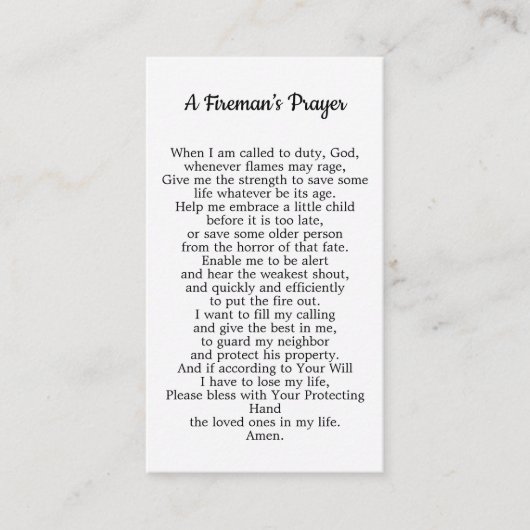 Fireman Prayer Firefighter Thin Red Line Visitekaartje (Voorkant)