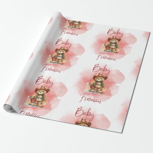 Fireman Teddy Bear Boy Red Baby shower Cadeaupapier (Uitgerold)