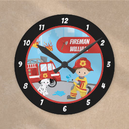 Fireman van Little Boy's Cartoon met voornaam Blac Ronde Klok