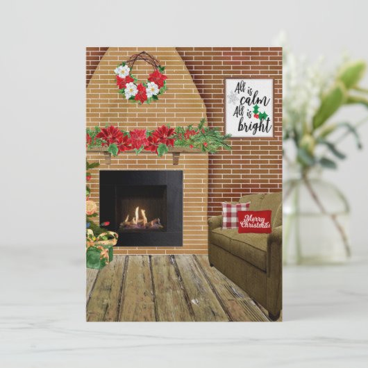 Fireplace all is kalm All is Bright Kerstkaart (Staand voorkant)