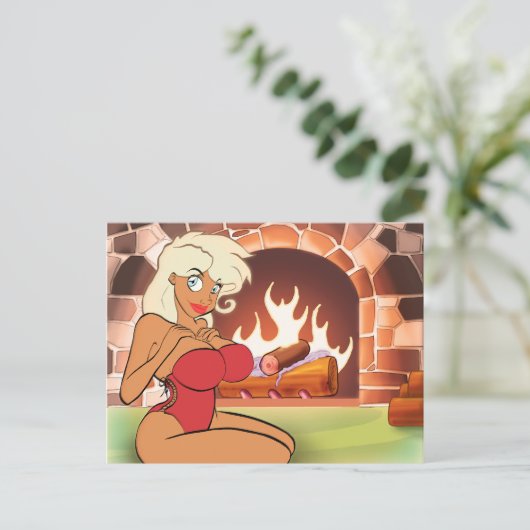 Fireplace Cartoon Pin-Up Briefkaart (Staand voorkant)
