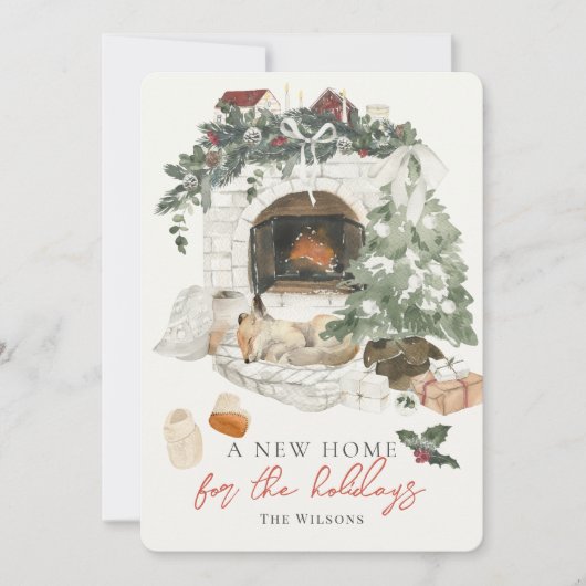 Fireplace kerstboom Fox Waterverf nieuwe startpagi Feestdagenkaart (Voorkant)