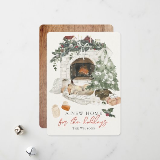 Fireplace kerstboom Fox Waterverf nieuwe startpagi Feestdagenkaart (Voorkant / Achterkant in situ)
