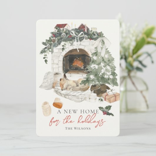 Fireplace kerstboom Fox Waterverf nieuwe startpagi Feestdagenkaart (Staand voorkant)