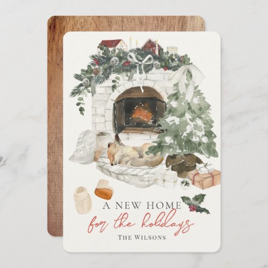 Fireplace kerstboom Fox Waterverf nieuwe startpagi Feestdagenkaart (Voorkant / Achterkant)