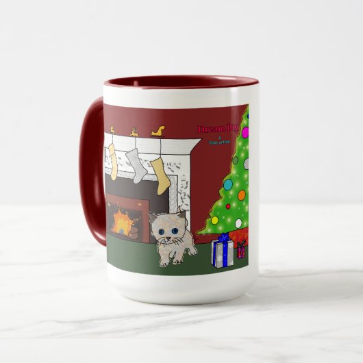 Fireplace kitten Kerstmis mok droom groot (Voorkant links)