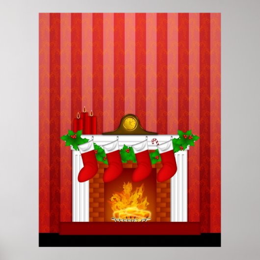 Fireplace met kerstdecorrectie Red Wallpaper Poster (Voorkant)