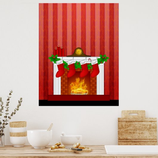 Fireplace met kerstdecorrectie Red Wallpaper Poster (Keuken)