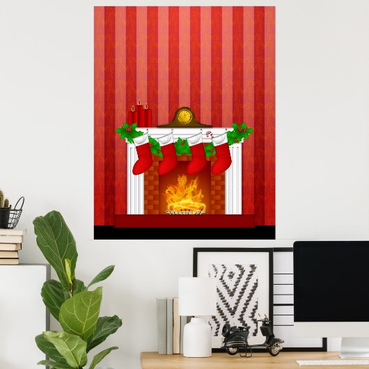 Fireplace met kerstdecorrectie Red Wallpaper Poster (Thuiskantoor)