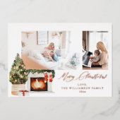 Fireplace Stockings & kerstboom foto Folie Uitnodiging (Voorkant)