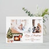 Fireplace Stockings & kerstboom foto Folie Uitnodiging (Staand Voorkant)