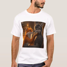 Fireside Tenderness: een vos en wolf omhelzen T-shirt