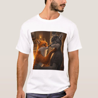 Fireside Tenderness: een vos en wolf omhelzen T-shirt
